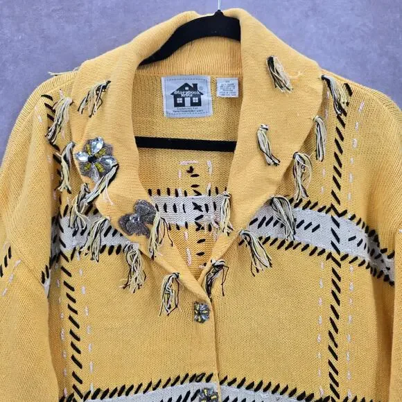 Storybook Knits Yellow Tassel Western Vintage Rhinestone Cotton Coat Jacket 3X - Picture 4 of 9